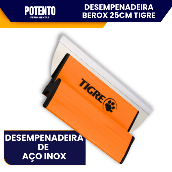Desempenadeira Berox Tigre 25cm, Aço Inox com Lâmina Flexível, Lisa, Para Massa Corrida - Imagem 2