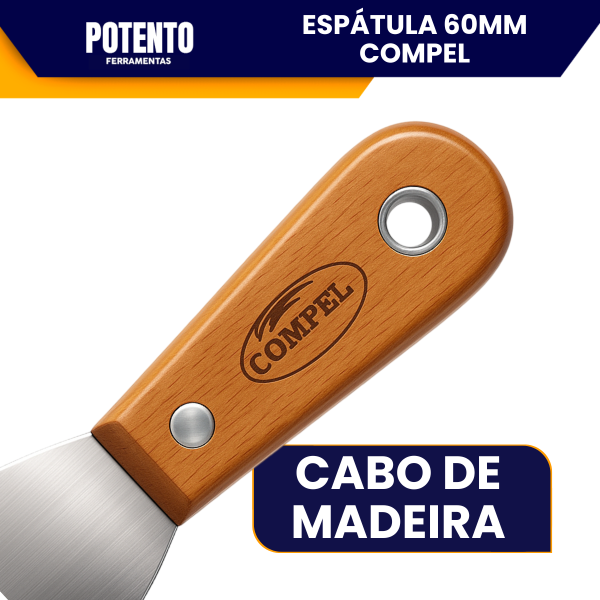 Espátula De Aço Inox lisa 6cm Com Cabo de Madeira Para Massa Corrida - Imagem 2